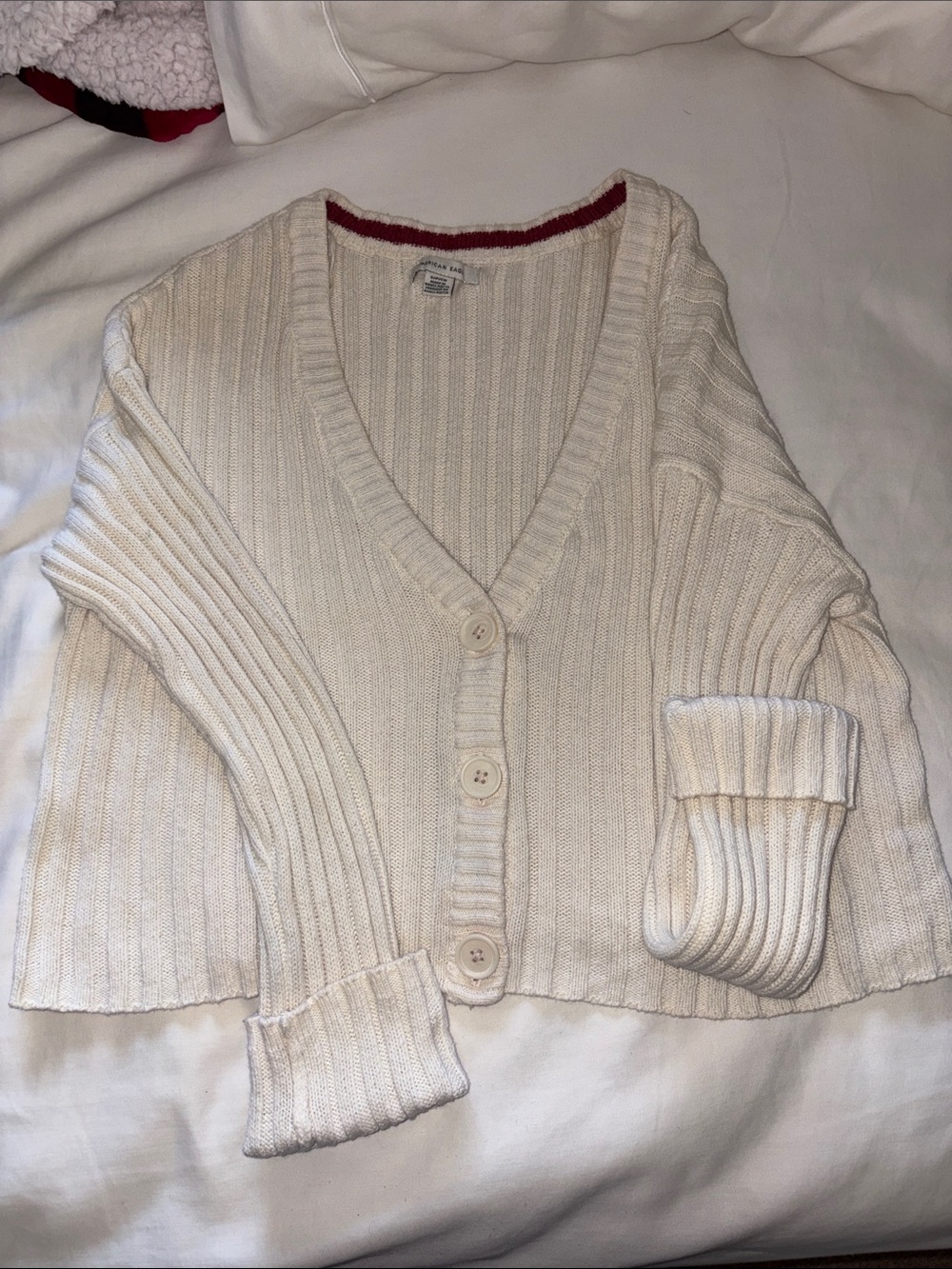 American Eagle Outfitters Cream Ribbed Button-Front Cardigan with Red Trim